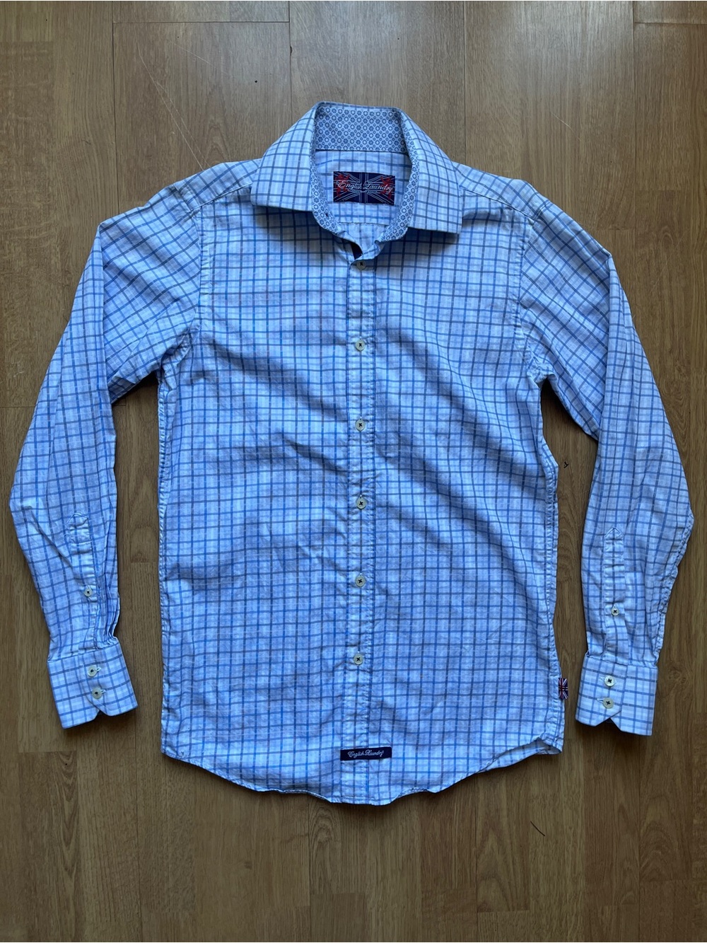 English Laundry Men’s Blue Plaid Long-Sleeve Button-Up Shirt